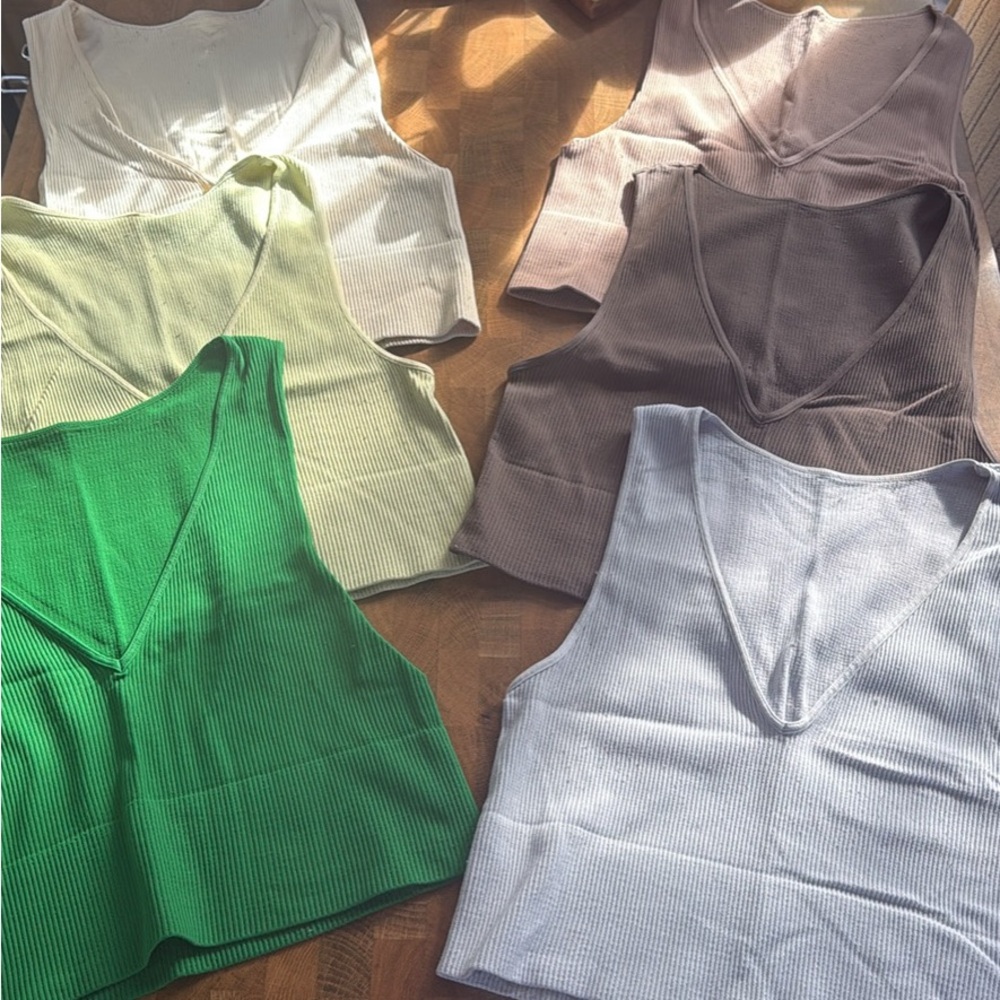 Stylish Women's Ribbed V-Neck Tops - Green, Cream, Brown, sky blue